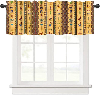 Vintage Ancient Egypt Curtains Valance, Retro Old Egyptian Hieroglyphics Floral Geometric Mysterious Egypt Culture Window Valance Curtain for Farmhouse Bedroom Living Room Kitchen 54x18inch