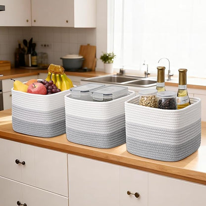 3 Pack Cube Storage Bin, 9”x9”x7” Cotton Rope Woven Baskets for Organizing Toys Clothes Towels, Square Gift Storage Baskets for Shelves, Nursery, Closet, Bathroom, Pantry (3-Tone Gray)