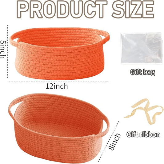 Woven Basket,Small Rope Storage Bin with Handles & Ribbon Bag, Organizer for Shelves Closets,Gift Basket Empty for Birthday,Books,Dog Toys, Orange/2 Pack