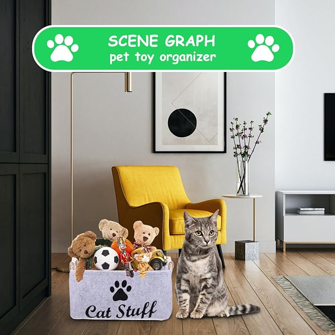 POPETPOP Pet Toy Storage Bin Felt Basket with Wooden Handles 15.35X10.62X7.08 Inch Organizer Container for Dog Cat Accessories Toys and Treats Storage