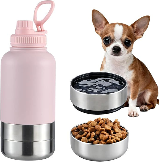 Insulated Dog Water Bottle with 2 Bowls, 32oz Travel Stainless Steel Double Wall Thermos, Portable Pet Dispenser, Gifts for Puppy Small Medium Dogs Walking Hiking and Camping
