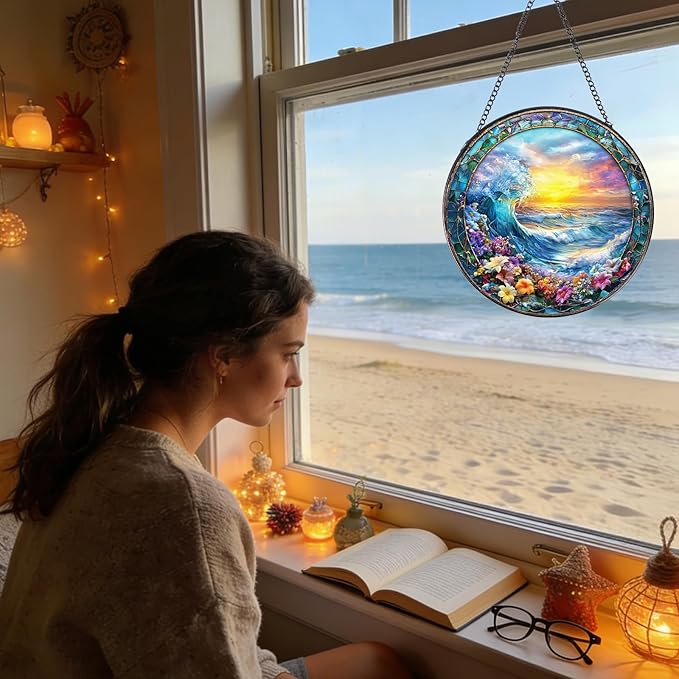 Stained Glass Window Hanging, 7.8″ Clouds and Sea Waves Sun Catchers with Hook Indoor Window Decor, Decorative Suncatchers Hanging Ornaments Home Garden Art Gift for Housewarming