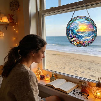 Stained Glass Window Hanging, 7.8″ Clouds and Sea Waves Sun Catchers with Hook Indoor Window Decor, Decorative Suncatchers Hanging Ornaments Home Garden Art Gift for Housewarming