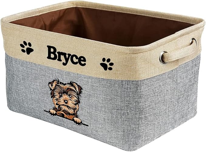 Personalized Foldable Storage Basket with Cute Dog Yorkie Collapsible Sturdy Fabric Pet Toys Storage Bin Cube with Handles for Organizing Shelf Home Closet, Grey and White