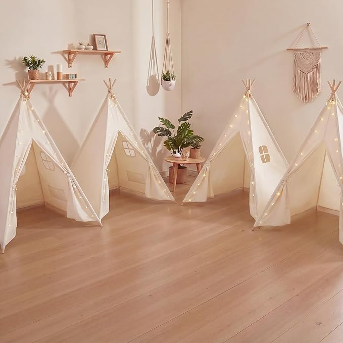 Wilwolfer 4 Pack Teepee Tent for Kids Slumber Party with Lights, Indoor Sleepover Play Tents for Girls, Foldable Toddler Playhouse for Sleepover Parties, White