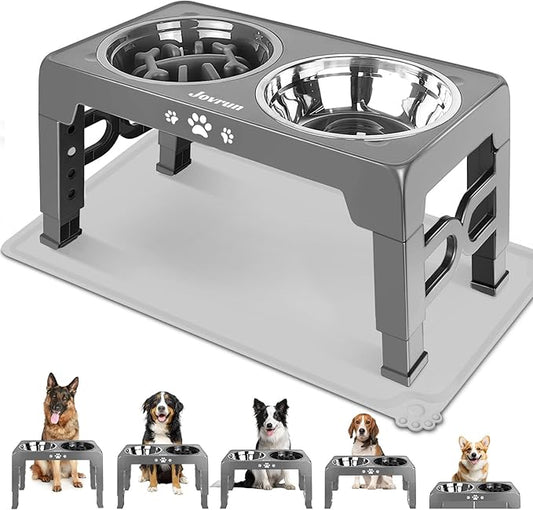 Elevated Dog Bowls with Mat, Non-Slip Dog Feeder with 1*Stainless Steel Dishes & 1*Slow Feeder Bowl, 5 Heights Adjustable Raised Bowls for 3.15″-8.66″-9.84″-11.02″-12.2″