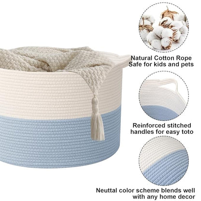 115L Large Blanket Basket,23.6" L x 23.6" W x 15.7" H Rope Woven Baskets with Handles, Toys Storage Bins,Laundry Basket Perfect for Living Room, Nursery,Bedroom,Home Organization,White&Blue