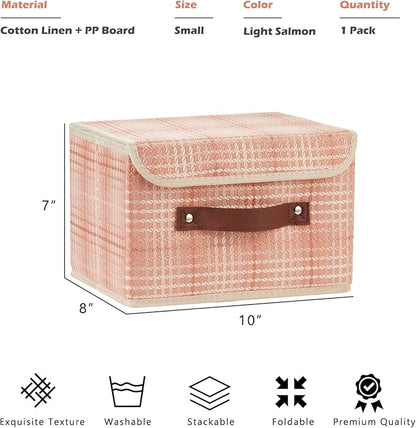 Storage Boxes with Lid 3D Textured Fabric Storage Bins Closet Organizer Containers Decorative Collapsible Washable Shelf Baskets with Faux Leather Handles (Light Salmon, Small Size)