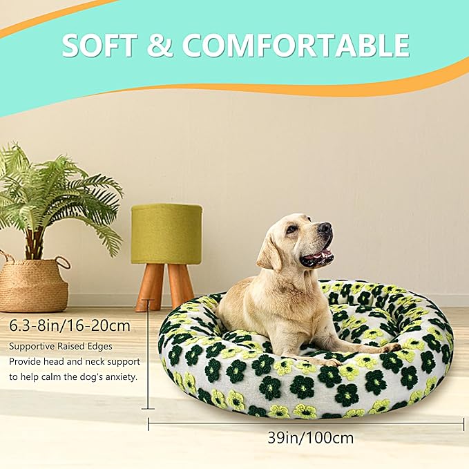 39 Inch Calming Dog Bed for Large Dogs, Round Anti-Anxiety Warm Bed, Soft Cozy Anti-Slip Donut Washable Pet Bed, Fits up to 100 lbs Pets