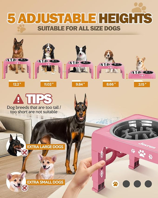Elevated Dog Bowls, Non-Slip Dog Feeder with 1*Stainless Steel Dishes & 1*Slow Feeder Bowl, 5 Heights Adjustable Raised Bowls for 3.15″-8.66″-9.84″-11.02″-12.2″