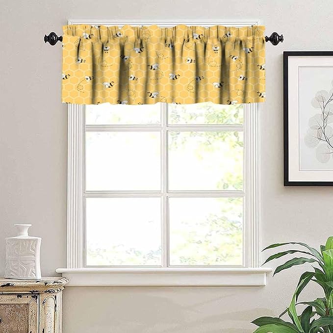 Rustic Bee Valances Curtain for Kitchen, Cute Yellow Bees Honeycomb Window Treatment Valances Short Curtains Rod Pocket Drape for Dining Room Home Farmhouse Decor, 54x18inch