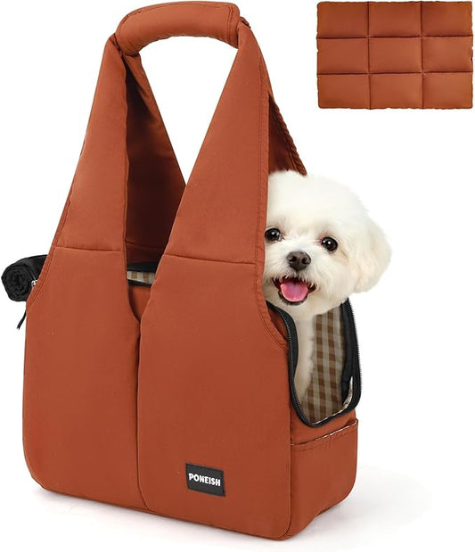 Dog Purse Carrier for Small Dogs and Cats, Soft-Sided Pet Tote Bag with 6 Large Pockets, Collapsible Travel Puppy Carrier with Small Cushion, Fits Pets up to 6 lbs (Caramel, 13.6" L x 6.6" W x 10" H)