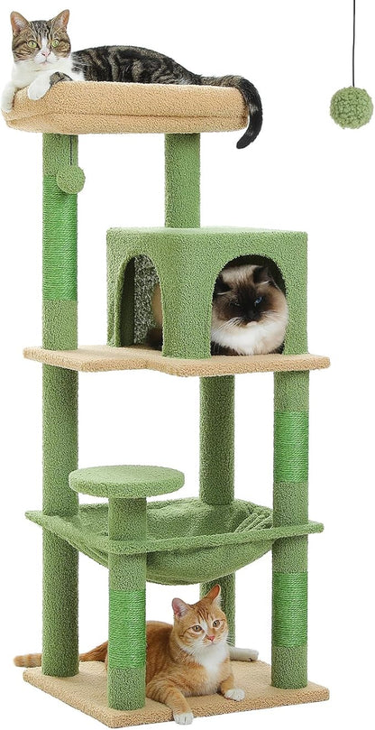 MUTTROS Cactus Cat Tree for Indoor Cats, 45.7" Multi-Level Cat Tower with Large Metal Frame Hammock, Cat Condo with 4 Scratching Posts and Top Perch, Green