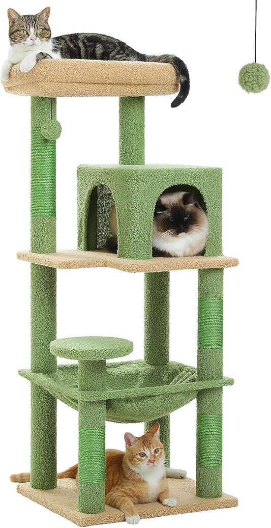 MUTTROS Cactus Cat Tree for Indoor Cats, 45.7" Multi-Level Cat Tower with Large Metal Frame Hammock, Cat Condo with 4 Scratching Posts and Top Perch, Green