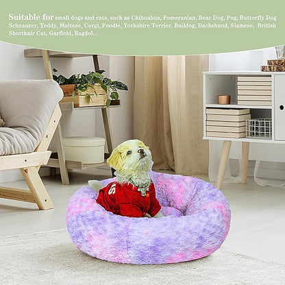 Calming Dog Bed for Small Dogs Cats, Kitty Puppy 23'' Round Anti-Anxiety Warm Fluffy Plush Faux Fur Bed, Soft Anti-Slip Donut Washable Small Pet Bed, Cozy Cat Puppy Bed, Fits up to 30 lbs Pets