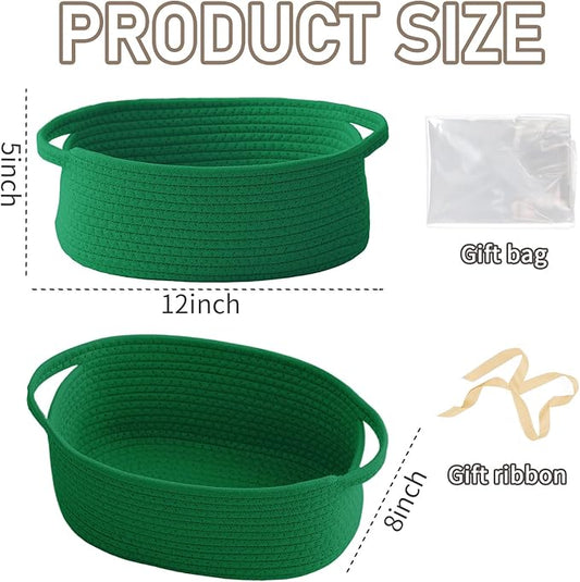 Woven Basket,Small Rope Storage Bin with Handles & Ribbon Bag, Organizer for Shelves Closets,Gift Basket Empty for Birthday,Books,Dog Toys, Green/3 Pack