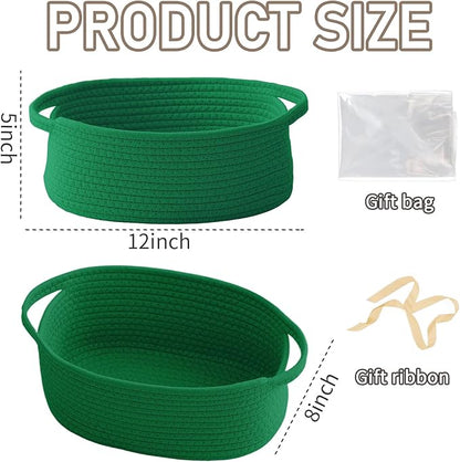Woven Basket,Small Rope Storage Bin with Handles & Ribbon Bag, Organizer for Shelves Closets,Gift Basket Empty for Birthday,Books,Dog Toys, Green/2 Pack