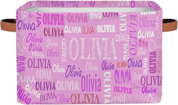 Personalized Storage Bins, Customized Name Storage Basket Rectangle Clothes Organizer for Organizing Kids and Pets Toys Shelf Closet, Pink Color Background