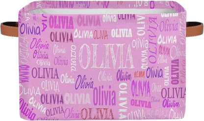 Personalized Storage Bins, Customized Name Storage Basket Rectangle Clothes Organizer for Organizing Kids and Pets Toys Shelf Closet, Pink Color Background