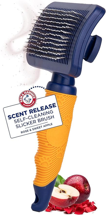 Arm & Hammer Deodorizing Slicker Brush for Dogs with Fragrance Transfer Technology – Scented Self-cleaning Dog Brush - Dog Grooming Brush for Shedding, Sweet Apple & Rose Scent
