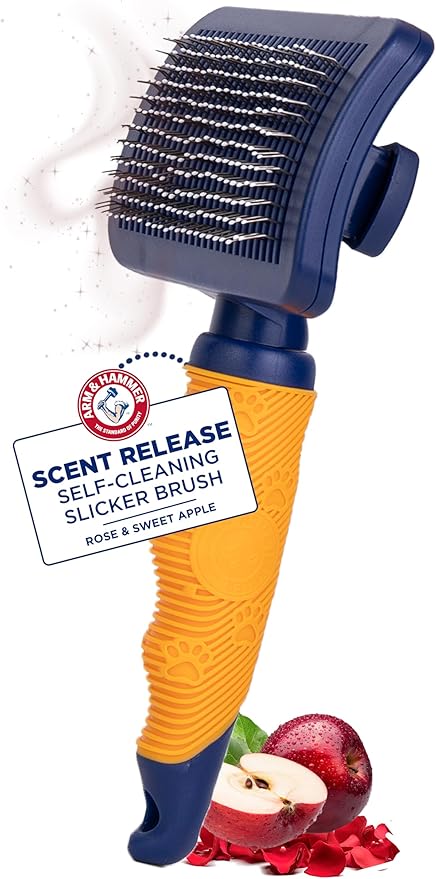 Arm & Hammer Deodorizing Slicker Brush for Dogs with Fragrance Transfer Technology – Scented Self-cleaning Dog Brush - Dog Grooming Brush for Shedding, Sweet Apple & Rose Scent