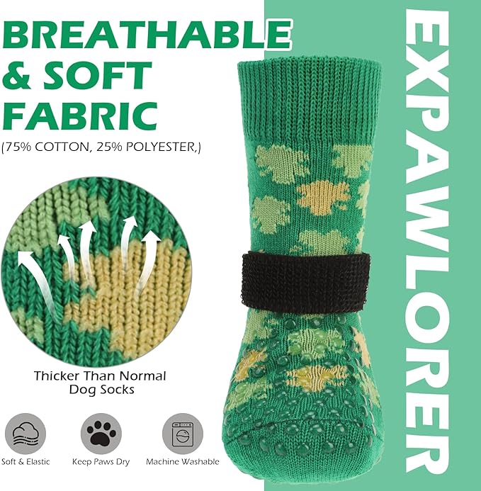 EXPAWLORER Anti Slip Dog Socks to Prevent Licking Paws, Dog Shoes Booties for Small Medium Large Senior Dogs, Traction Control Boots & Paw Protectors for Hardwood Floors St. Patrick's Day Green L