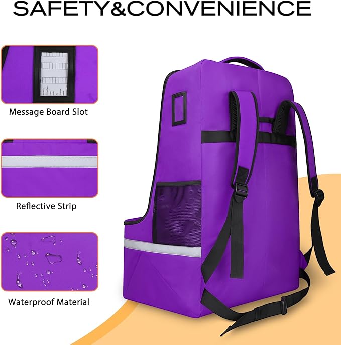 LARIPOP Car Seat Travel Bag for Airplane Gate Check Approved, Padded Backpack with Adjustable Straps, Reflective Strips & Protective Feet for Infant Convertible Booster Seats, Purple