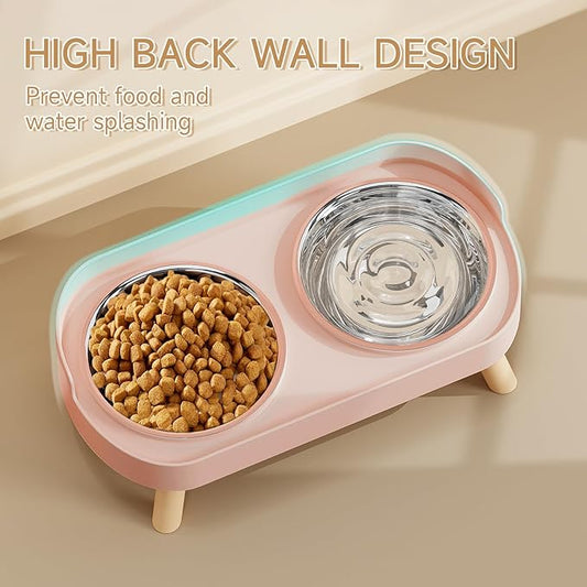 Elevated Cat Bowl, Raised Cat Food and Water Bowl Set for Indoor Cats, Splash Proof with 2 Stainless Steel Pet Food Bowls for Cats and Puppies, Whisker Fatigue and Dishwasher Safe - Pink