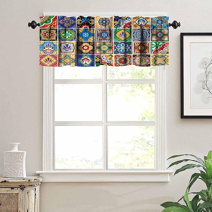 Mexican Style Valances Curtain for Kitchen Cafe, Tiles Print Colorful Flowers Leaves Swirl Pattern Window Treatment Valances Short Curtains Rod Pocket Drape for Dining Room Home Decor, 54x18inch