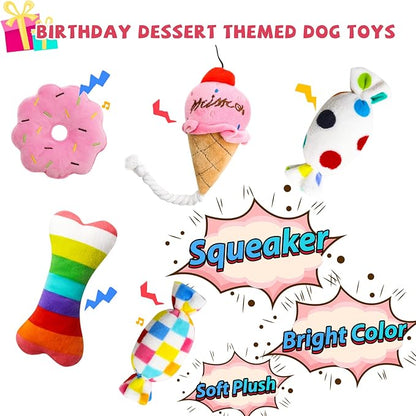 Dog Birthday Toys Girl, Squeaky Plush Birthday Cake Hat Bandana, Birthday Gifts for Small & Medium Dog, 9 Pack Pink