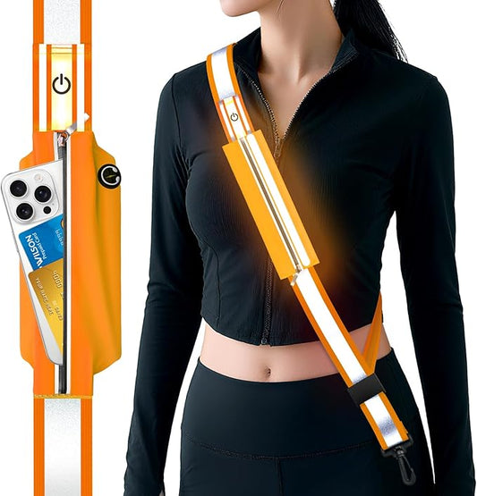 LED Reflective Belt Sash, Rechargeable LED Light Night Safety Walking Gear, High Visibility Adjustable Reflective Gear for Runners Walkers Cyclists at Night (Orange)