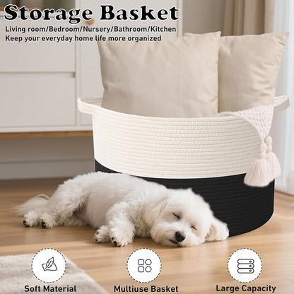 65L Large Blanket Basket,19.7" L x 19.7" W x 13" H Rope Woven Baskets with Handles, Toys Storage Bins,Laundry Basket Perfect for Living Room, Nursery,Bedroom,Home Organization,White&Black