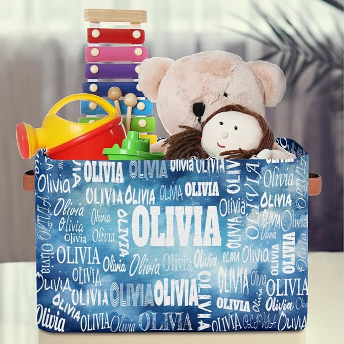 Custom Name Storage Bin, Personalized Rectangular Storage Basket with Handles for Organizing Boys Girls Toys Office Closet Shelf Baskets, Watercolor Blue Starry Night