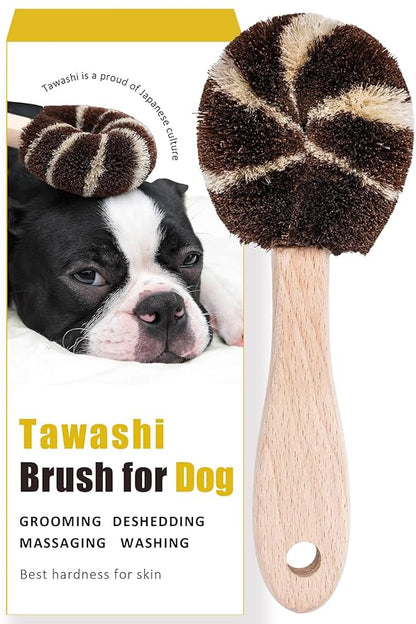 Natural Tawashi Dog Grooming & Massage Brush – Made in Japan, Gentle Palm Fiber Brush for Dogs, Relaxing Skin Stimulation, Low Static, Wooden Handle, Daily Dog Care Tool (Small Dog A)