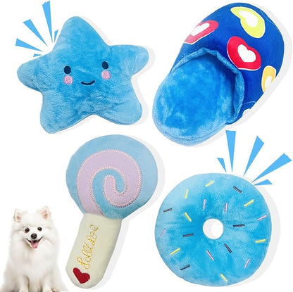 Dog Toys for Small Dogs, 4 Packs Cute Chew Toys for Puppy, Durable Soft Plush Small Dog Toys, Blue Stars Designs, Puppy Teething Toys