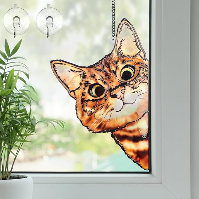 Remiawy Stained Glass Window Hanging, Funny Peeking Cat with Metal Chain and Hooks Window Indoor Decoration and Christmas, Mother's Day Birthday Pet Sympathy Gifts for Cat Lover