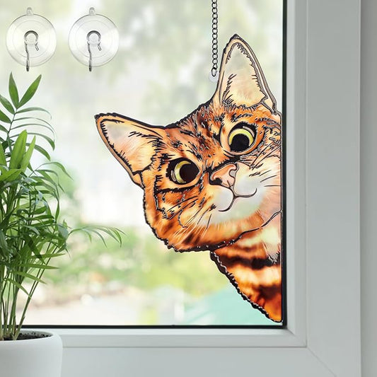 Remiawy Stained Glass Window Hanging, Funny Peeking Cat with Metal Chain and Hooks Window Indoor Decoration and Christmas, Mother's Day Birthday Pet Sympathy Gifts for Cat Lover