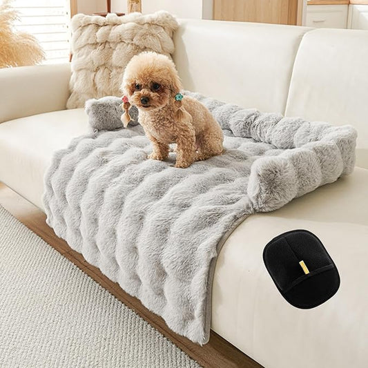 Luxurious Cozy Dog Couch Bed, Washable Removable Calming Pet Sofa Cover, Fluffy Plush Dog Mat for Furniture Protector and Car (Light Gray)