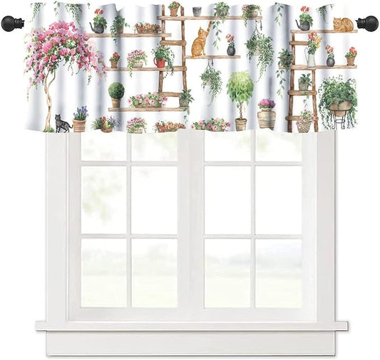 Vintage Bohemian Flower Window Valance Curtains, Colorful Succulent Plants Cute Cats Art Green House Plant Potted Flower Valance Curtain for Farmhouse Bedroom Living Room Kitchen 54x18inch