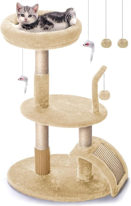 Goozii Large Cat Tree Tower with Scratching Post, Modern Kitten Tower for Indoor Cats, 32 Inch Tall Carpet Sisal Cat Scratcher Stand with Big Bed Perch,Scratch Ramp, Ball Toy for Kitty (Beige)