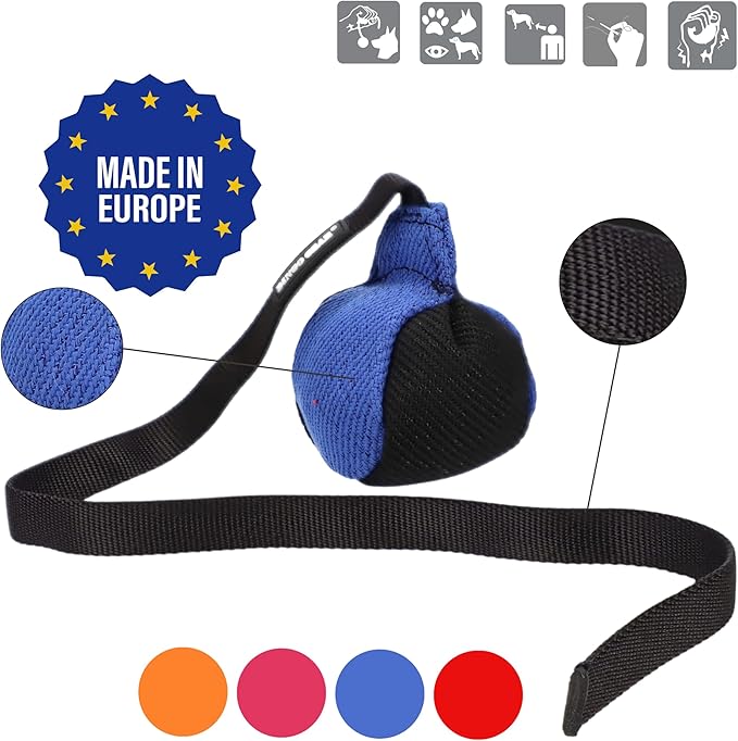 Dingo Gear French Linen Ball for Dog Training, as Reward for Fetch tug of war, with Long Handle, Handmade, Blue-Black S02815