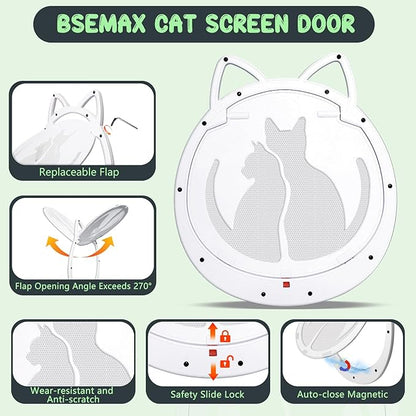 Cat Door for Screen Door, Cat Doors with Lockable Magnetic Flap, Inside Openning 10x10x0.5 inch, Pet Screen Doors Built-in for Puppy, Cats Up to 20 lbs, Equipped with Installation Tools, White