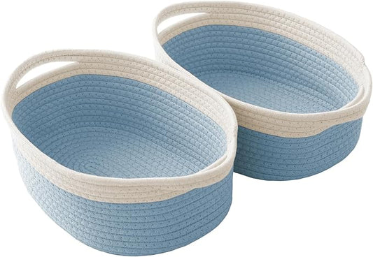 Woven Basket,Small Rope Storage Bin with Handles & Ribbon Bag, Organizer for Shelves Closets,Gift Basket Empty for Birthday,Books,Dog Toys, White&Blue/2 Pack