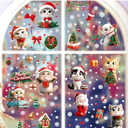 Christmas Window Clings Cat Stickers for Window Glass, 9 Sheets Xmas Decorations Christmas Cat Tree Bells Decals for Holiday Party(Cat2340)
