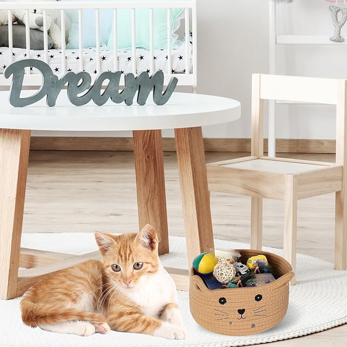 Zopeal Cat Basket Storage Woven Organizer with Ears Easter Decorative Pet Toy Cute Cotton Rope Basket for Gift Cat Dog Toy Bin Nursery Room(8.3 x 4.7 Inch,Khaki)
