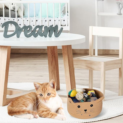 Zopeal Cat Basket Storage Woven Organizer with Ears Easter Decorative Pet Toy Cute Cotton Rope Basket for Gift Cat Dog Toy Bin Nursery Room(8.3 x 4.7 Inch,Khaki)