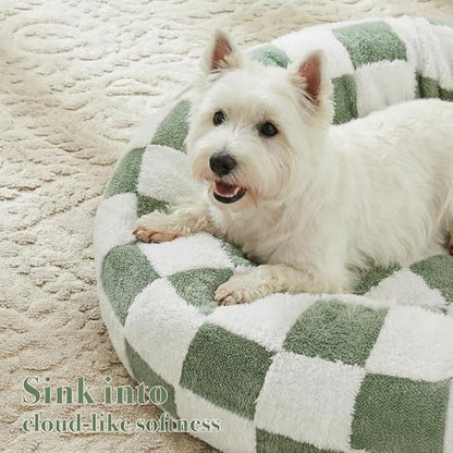 Checkered Dog Bed, Cute Sage Green Retro Style Aesthetic Round Warming Pet Calming Beds for Small Dog and Cats, Plush Cozy Donut Washable, 30" L x 30" W x 8" Th
