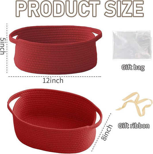 Woven Basket,Small Rope Storage Bin with Handles & Ribbon Bag, Organizer for Shelves Closets,Gift Basket Empty for Birthday,Books,Dog Toys, Red/2 Pack