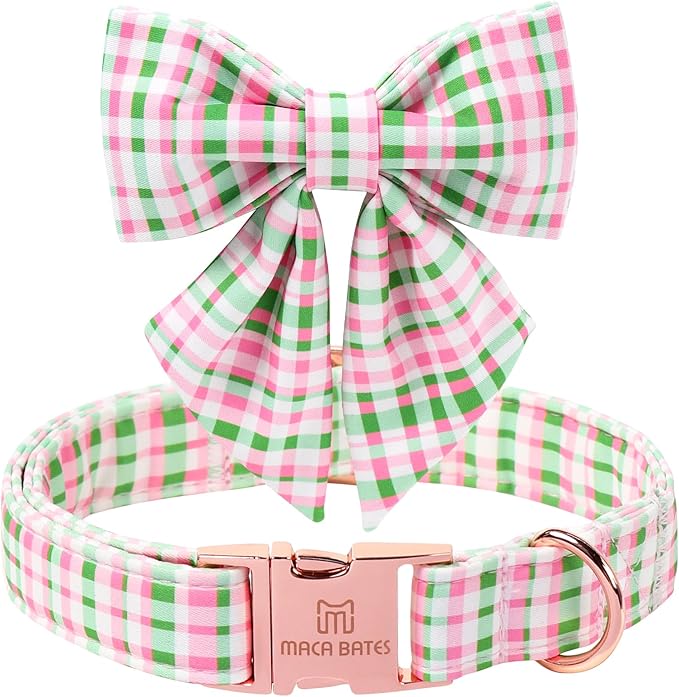 Maca Bates Plaid Dog Collar with Sailor Bow Tie,Cherry Pink Green Gingham Pattern for Small Girl Boy Dogs,Adjustable Durable Soft Collars Irish Gift for Male Female Puppy