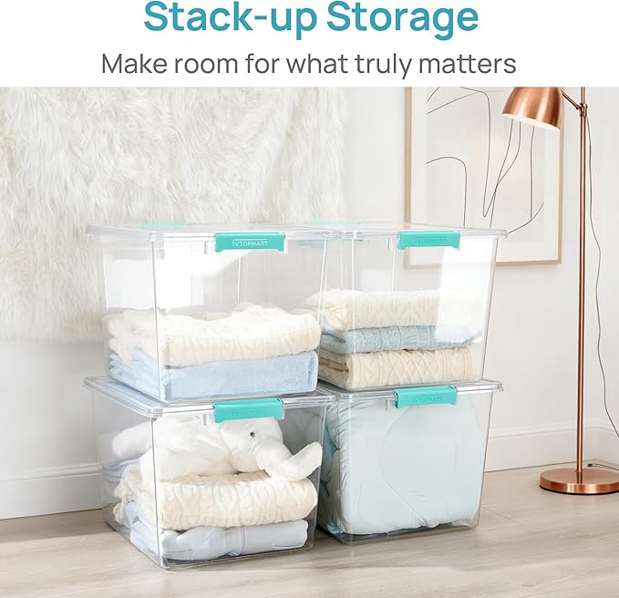 Vtopmart 1 Pack 72 QT Crystal Clear Storage Bins with Lids, 4 Pack Stackable Plastic Large Latching Boxes Totes Tubs Container for Closet Organizers and Storage, Bedroom, Clothes, Bedding